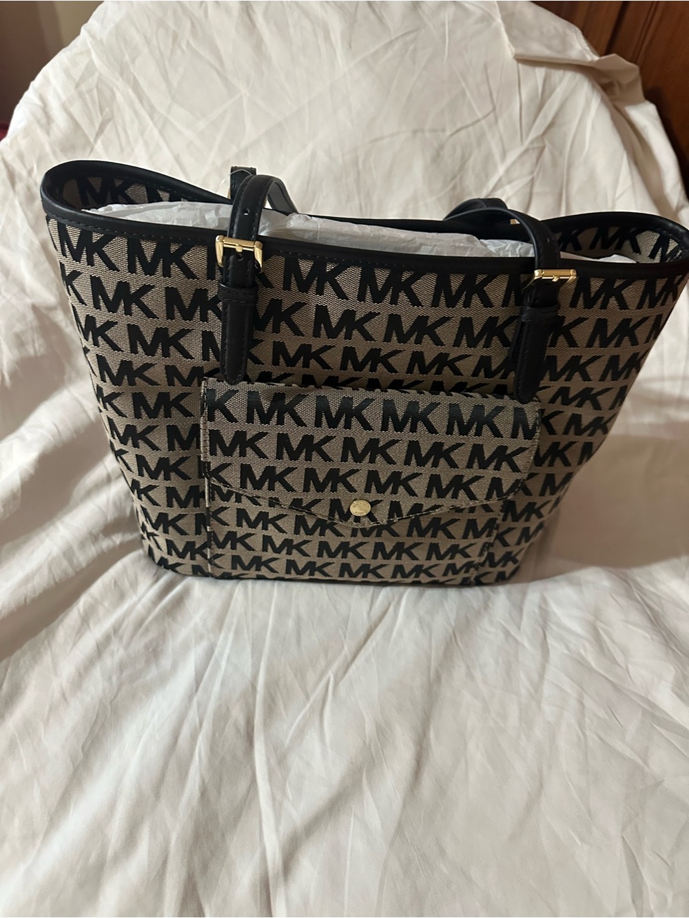 Michael Kors Black and Beige MK Signature Tote with Front Pocket
